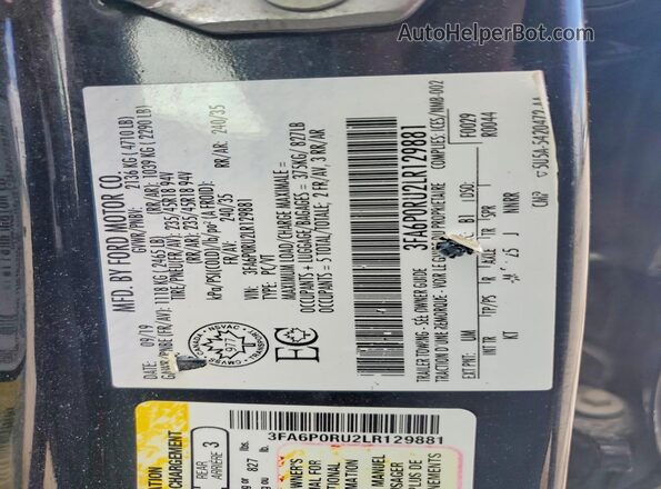 3FA6P0RU2LR129881 2020 FORD FUSION Black Widok komory silnika