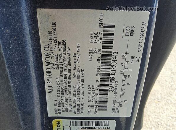 3FA6P0RU3JR234443 2018 FORD FUSION Blue ძრავის განყოფილების ხედი