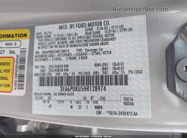 3FA6P0RU5HR128974 2017 FORD FUSION HYBRID Серебряный Вид подкапотного пространства