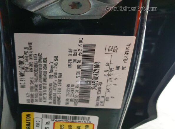 3FA6P0RU5KR261046 2019 FORD FUSION Black Widok komory silnika