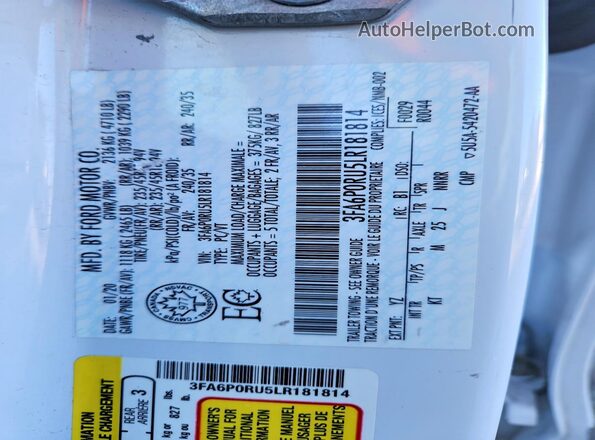 3FA6P0RU5LR181814 2020 FORD FUSION White Вид підкапотного простору