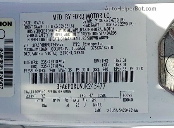 3FA6P0RU9JR245477 2018 FORD FUSION White ძრავის განყოფილების ხედი