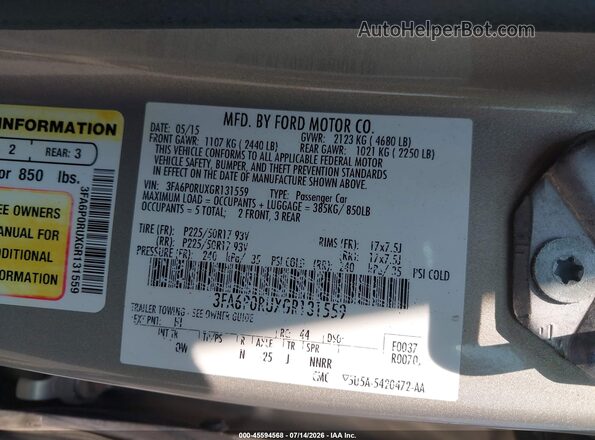 3FA6P0RUXGR131559 2016 FORD FUSION HYBRID Tan Շարժիչի բաժամունքի տեսք