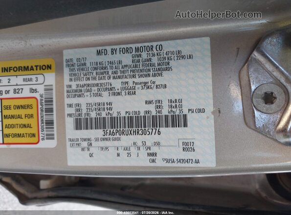 3FA6P0RUXHR305776 2017 FORD FUSION HYBRID Tan Widok komory silnika