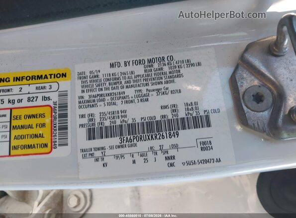 3FA6P0RUXKR261849 2019 FORD FUSION HYBRID White ძრავის განყოფილების ხედი