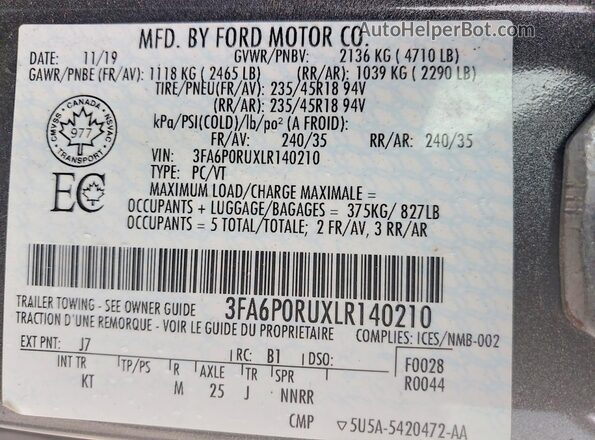 3FA6P0RUXLR140210 2020 FORD FUSION Charcoal VIN კოდის სტიკერის ხედი
