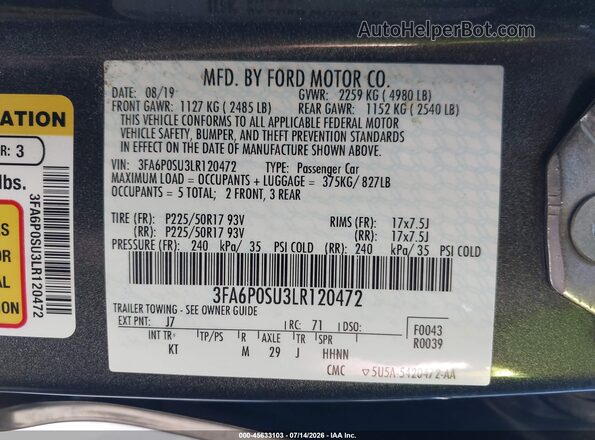 3FA6P0SU3LR120472 2020 FORD FUSION Gray Vista del compartimento del motor