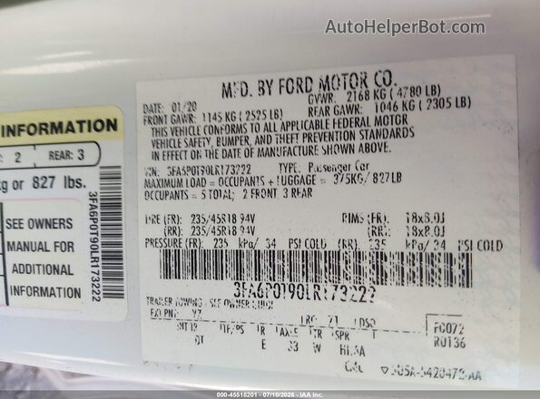 3FA6P0T90LR173222 2020 FORD FUSION White Widok komory silnika