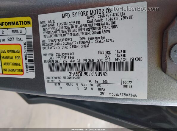 3FA6P0T90LR190943 2020 FORD FUSION Silver Engine compartment view