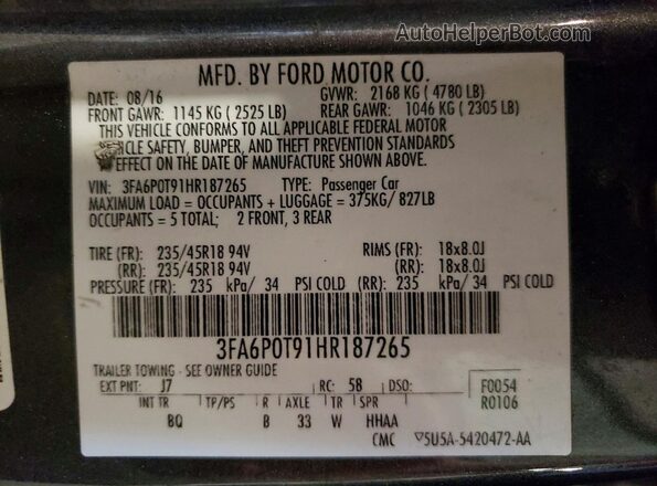 3FA6P0T91HR187265 2017 FORD FUSION Gray Вид підкапотного простору