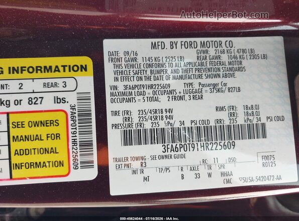 3FA6P0T91HR225609 2017 FORD FUSION Burgundy Вид підкапотного простору