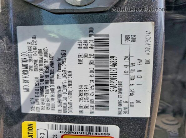 3FA6P0T91LR146899 2020 FORD FUSION Charcoal Շարժիչի բաժամունքի տեսք