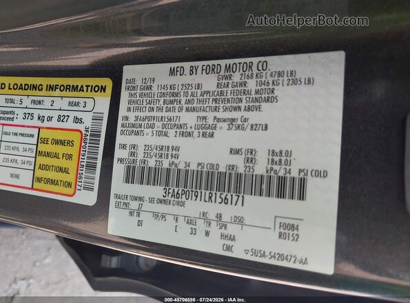 3FA6P0T91LR156171 2020 FORD FUSION Gray Շարժիչի բաժամունքի տեսք