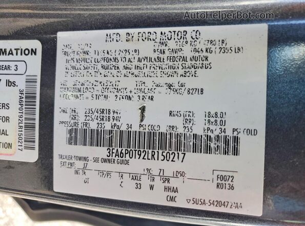 3FA6P0T92LR150217 2020 FORD FUSION Gray Widok naklejki z numerem VIN