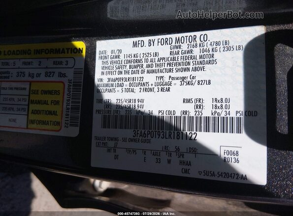 3FA6P0T93LR181122 2020 FORD FUSION Gray Vista del compartimento del motor