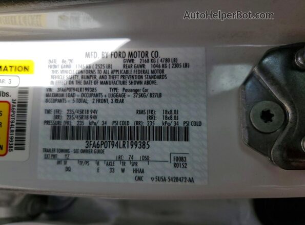 3FA6P0T94LR199385 2020 FORD FUSION Белый Вид подкапотного пространства