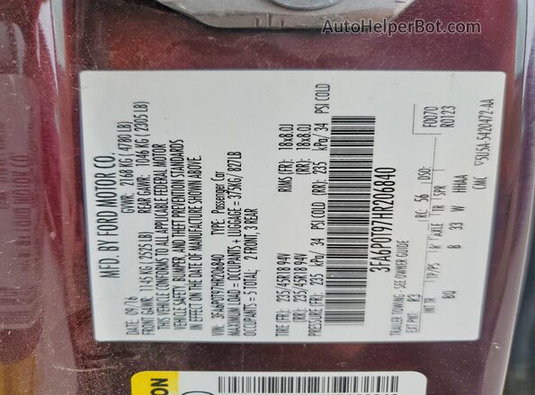 3FA6P0T97HR206840 2017 FORD FUSION Maroon Շարժիչի բաժամունքի տեսք