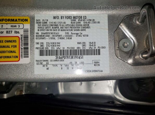 3FA6P0T97JR191651 2018 FORD FUSION Silver Շարժիչի բաժամունքի տեսք