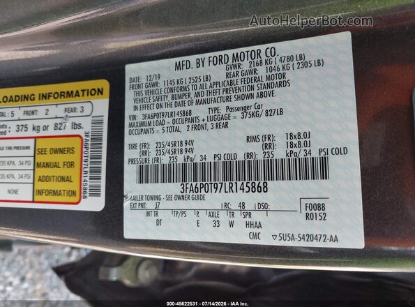 3FA6P0T97LR145868 2020 FORD FUSION Серый Вид подкапотного пространства