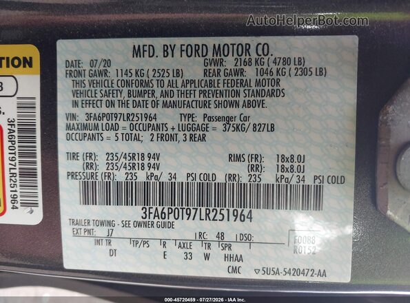 3FA6P0T97LR251964 2020 FORD FUSION Gray Շարժիչի բաժամունքի տեսք