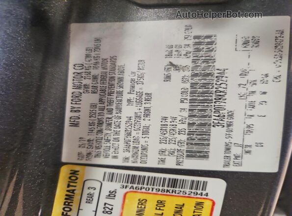 3FA6P0T98KR252944 2019 FORD FUSION Gray Widok komory silnika