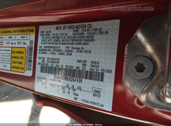 3FA6P0T98LR267459 2020 FORD FUSION Burgundy Vista del compartimento del motor