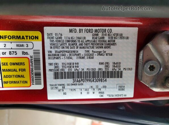 3FA6P0T99GR309854 2016 FORD FUSION Red Вид наклейки з VIN-кодом