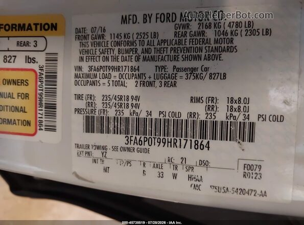 3FA6P0T99HR171864 2017 FORD FUSION White Engine compartment view
