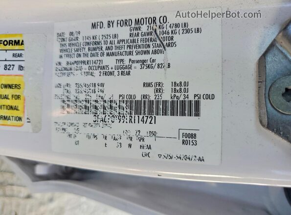 3FA6P0T99LR114721 2020 FORD FUSION White Widok naklejki z numerem VIN