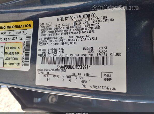 3FA6P0UU0JR235914 2018 FORD FUSION HYBRID Blue Շարժիչի բաժամունքի տեսք