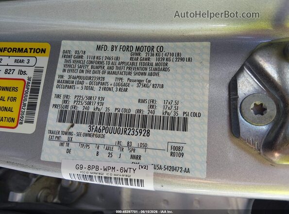 3FA6P0UU0JR235928 2018 FORD FUSION HYBRID Silver Vista del compartimento del motor