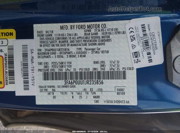 3FA6P0UU1JR235856 2018 FORD FUSION HYBRID Blue Вид підкапотного простору