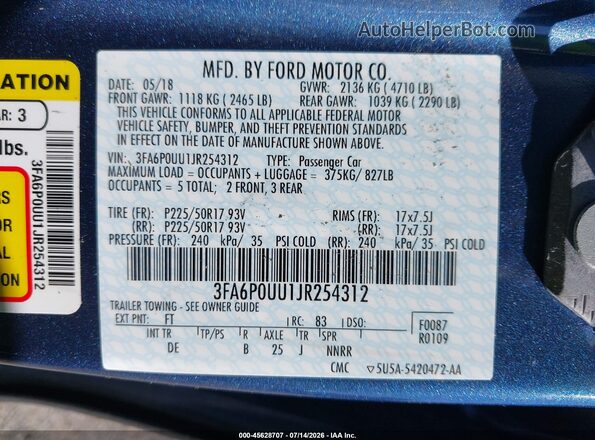 3FA6P0UU1JR254312 2018 FORD FUSION HYBRID Blue Engine compartment view