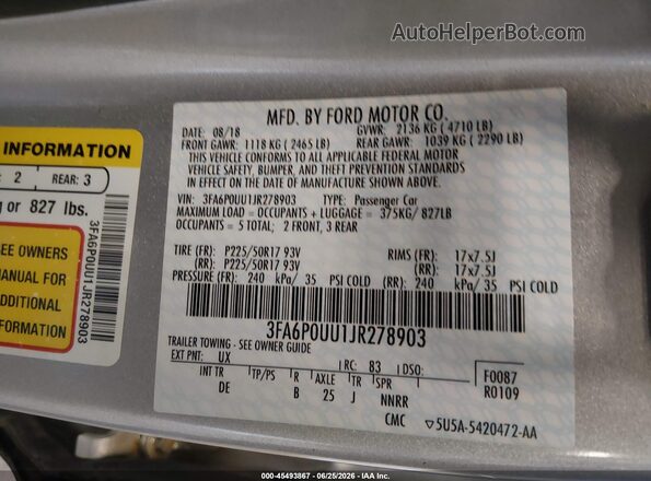 3FA6P0UU1JR278903 2018 FORD FUSION HYBRID Silver Widok komory silnika
