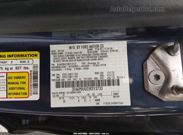 3FA6P0UU2JR212733 2018 FORD FUSION HYBRID Blue Vista del compartimento del motor