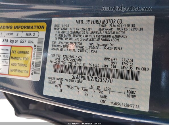 3FA6P0UU2JR235770 2018 FORD FUSION HYBRID Blue Widok komory silnika
