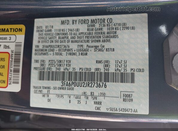 3FA6P0UU2JR273676 2018 FORD FUSION HYBRID Blue Engine compartment view