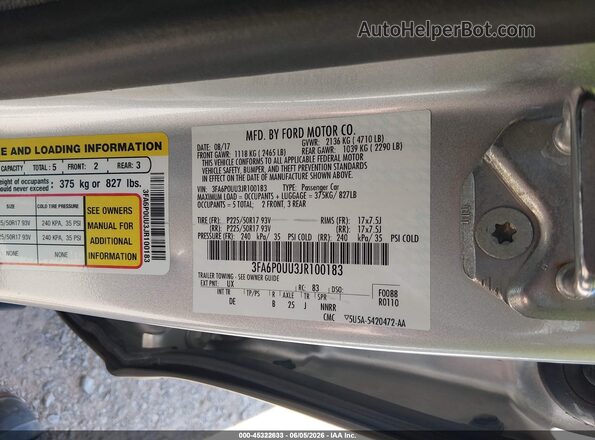 3FA6P0UU3JR100183 2018 FORD FUSION HYBRID Silver Շարժիչի բաժամունքի տեսք