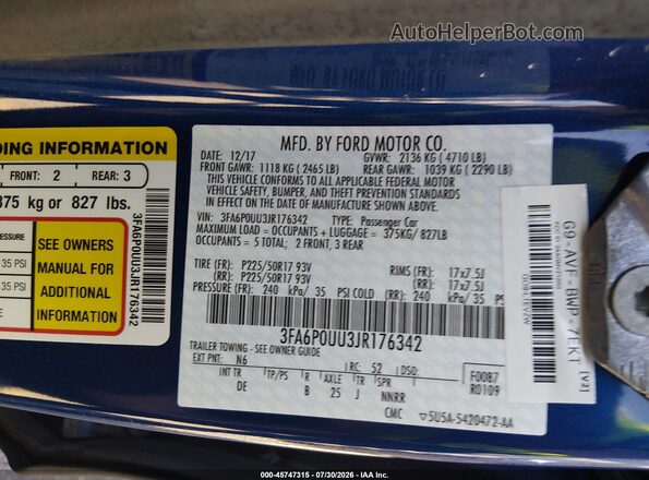 3FA6P0UU3JR176342 2018 FORD FUSION HYBRID Blue ძრავის განყოფილების ხედი