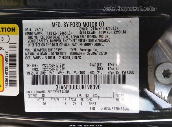 3FA6P0UU3JR198390 2018 FORD FUSION HYBRID Black ძრავის განყოფილების ხედი