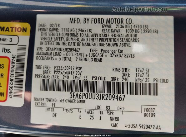 3FA6P0UU3JR209467 2018 FORD FUSION HYBRID Blue Vista del compartimento del motor