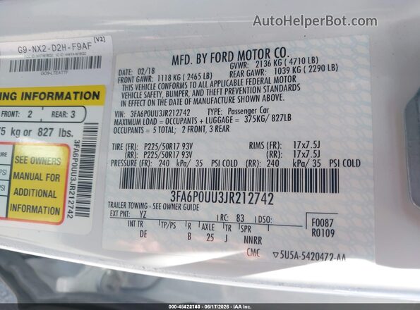 3FA6P0UU3JR212742 2018 FORD FUSION HYBRID White Widok komory silnika