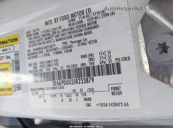 3FA6P0UU3JR233879 2018 FORD FUSION HYBRID White Widok komory silnika