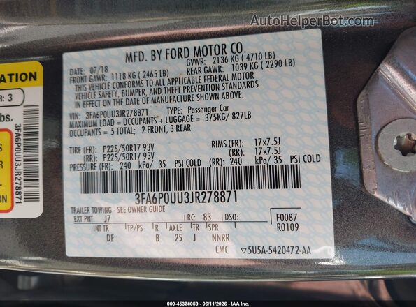 3FA6P0UU3JR278871 2018 FORD FUSION HYBRID Gray Vista del compartimento del motor