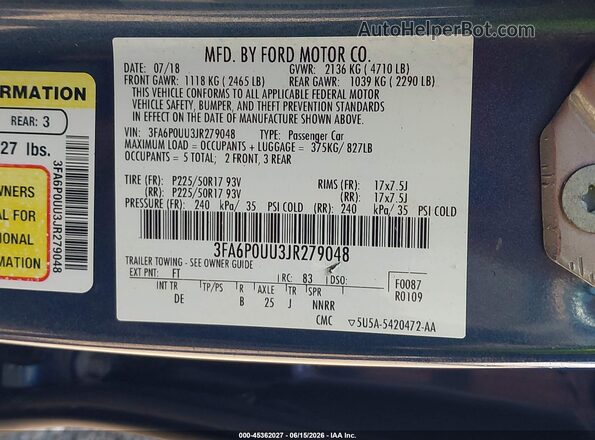 3FA6P0UU3JR279048 2018 FORD FUSION HYBRID Blue Vista del compartimento del motor