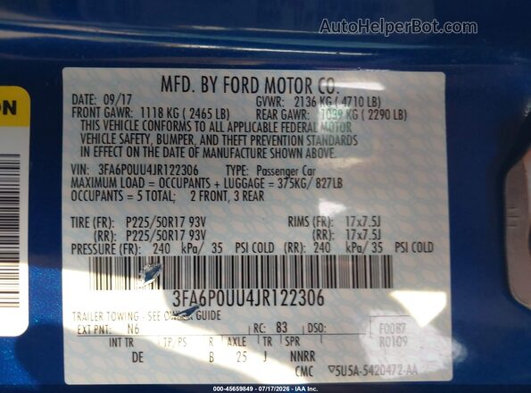 3FA6P0UU4JR122306 2018 FORD FUSION HYBRID Blue Շարժիչի բաժամունքի տեսք