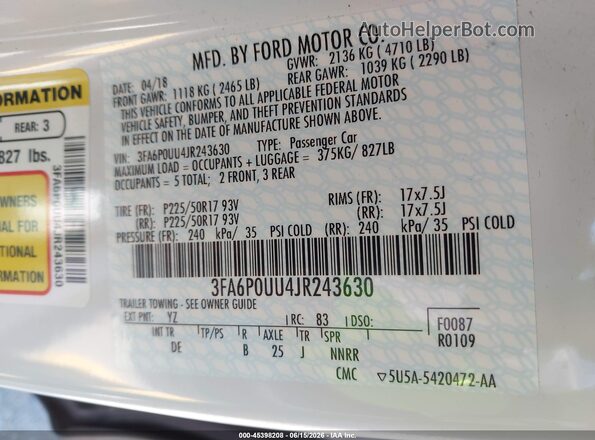 3FA6P0UU4JR243630 2018 FORD FUSION HYBRID White Շարժիչի բաժամունքի տեսք