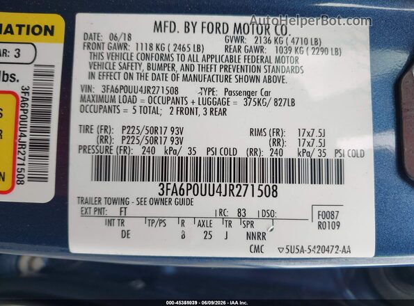 3FA6P0UU4JR271508 2018 FORD FUSION HYBRID Blue ძრავის განყოფილების ხედი