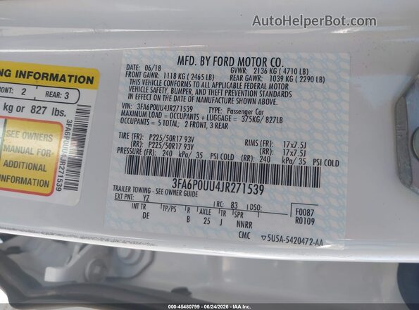 3FA6P0UU4JR271539 2018 FORD FUSION HYBRID White Вид підкапотного простору