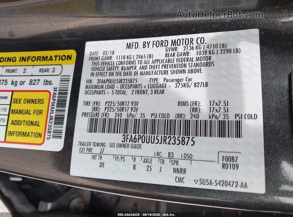 3FA6P0UU5JR235875 2018 FORD FUSION HYBRID Gray Շարժիչի բաժամունքի տեսք